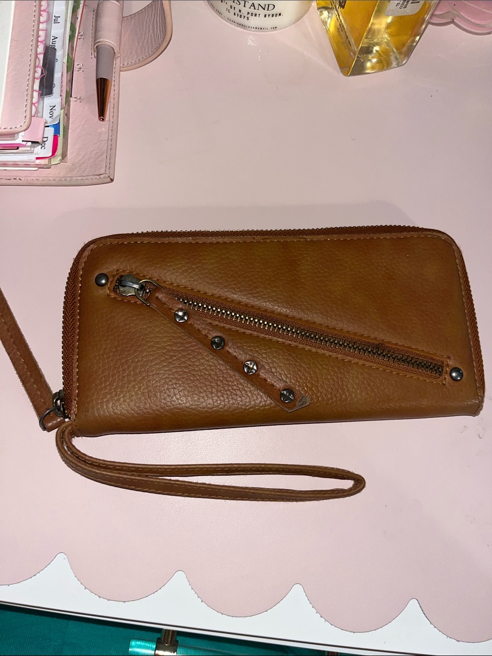 Free People Brown Leather Zip Wristlet Wallet